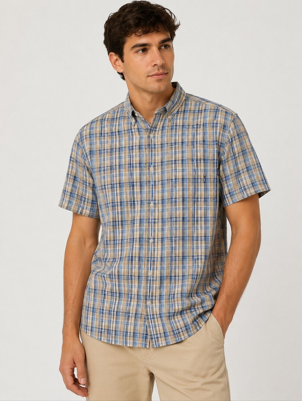 Patagonia Men's Button Down Puckerware Shirt Blue Plaid Size Large Lightweight